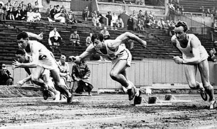 Bob Mathias runs a heat in the 100 metres for the decathlon at the 1948 ...