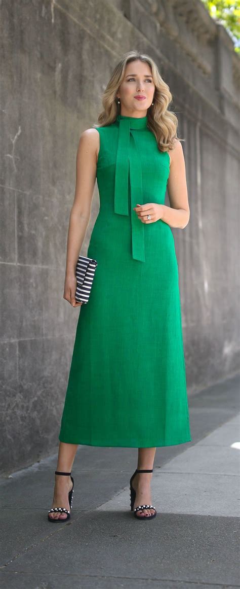 kelly green midi dress with tie neck detail, navy blue suede ankle ...