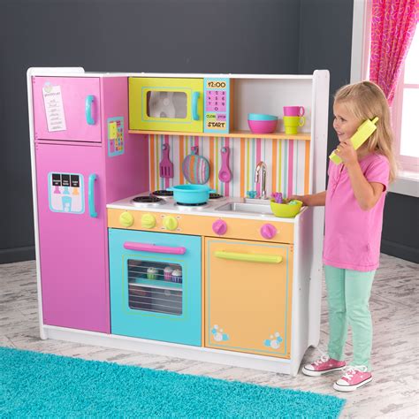 KidKraft Deluxe Big and Bright Wooden Play Kitchen for Kids, Neon ...