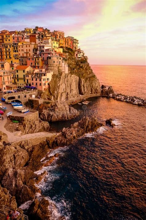 Panoramic Sunset on Manarola Stock Image - Image of mountain, italy ...