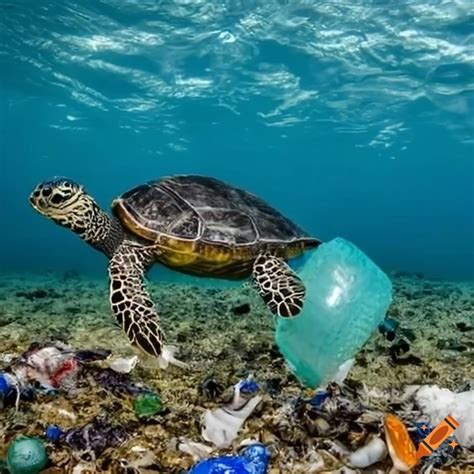 Turtle surrounded by plastic pollution in the ocean on Craiyon