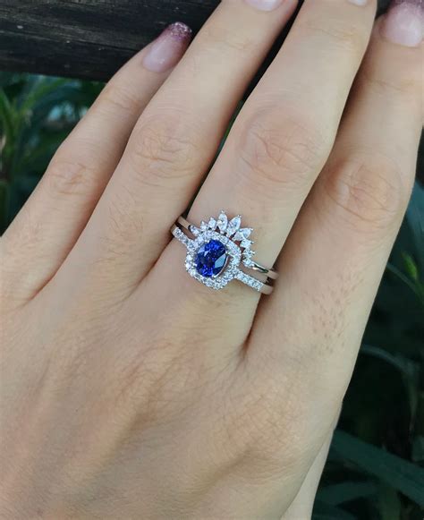 Blue Sapphire Halo Engagement Ring Set- Genuine Oval Sapphire Bridal ...