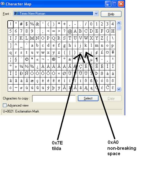 What unicode characters are between hex 7E and A0? - Super User