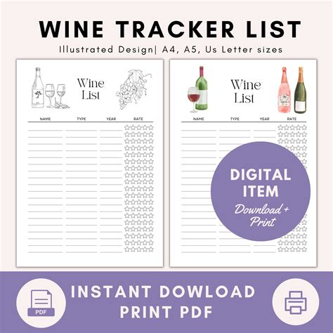 Printable Wine List, Wine Journal, Wine Tracker A4/ A5/ Letter Sizes ...