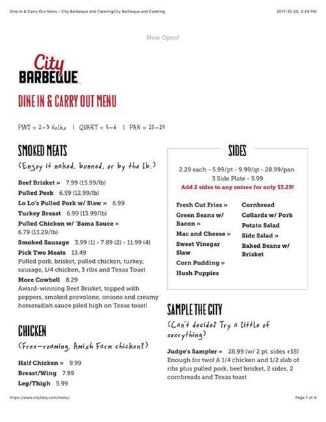 City Barbeque menu in Indianapolis, Indiana, USA