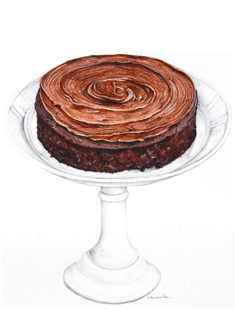 a drawing of a chocolate cake on a white platter with the icing swirled ...