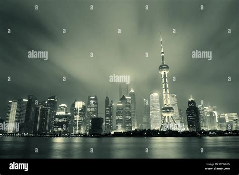 Shanghai skyline at night in black and white Stock Photo - Alamy