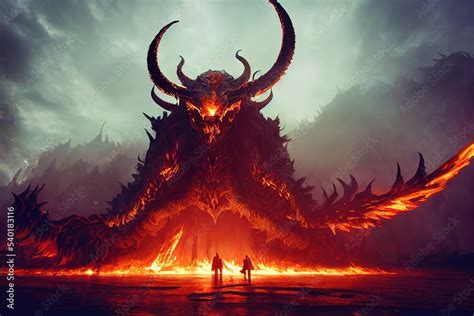 Giant fire demon with horns and wings, fantasy demon illustration Stock ...