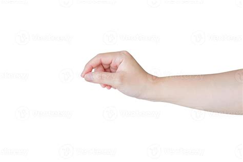 Woman hand gesture holding something isolated on white background ...