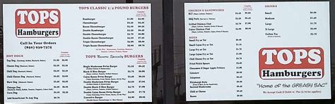 Menu at Tops Burgers restaurant, Navarre