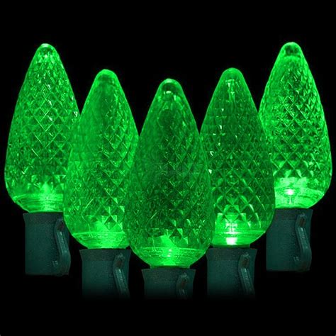 LED green Christmas lights 50 C9 faceted LED bulbs 8" spacing, 34.2ft ...