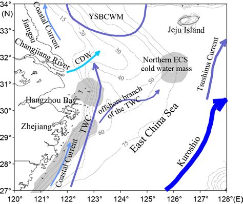 Schematic diagram of the topography with isobath depth (m), mud areas ...