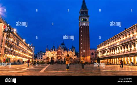 Piazza San Marco and St Mark's Basilica Venice at night Stock Photo - Alamy