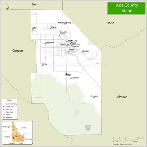 Map of Ada County, Idaho showing cities, highways & important places ...