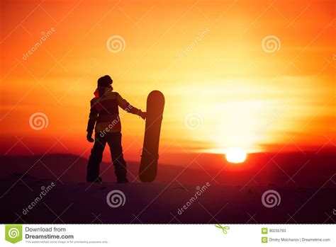 Woman Snowboarder Silhouette on Sunset Backdrop Stock Image - Image of ...