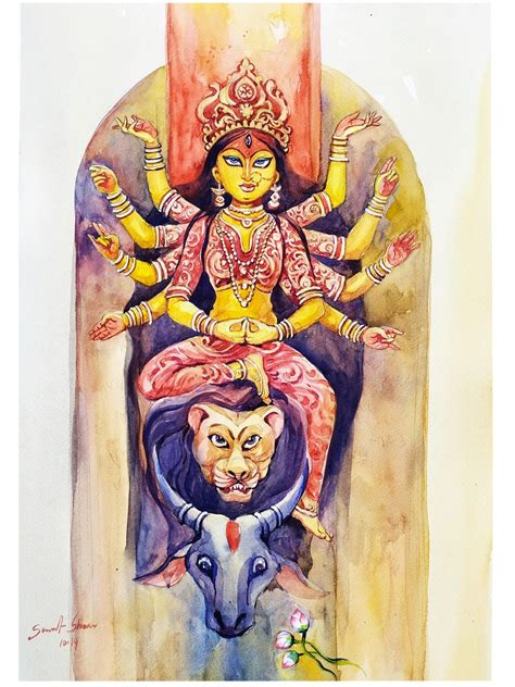 Divine Durga On Lion | Watercolor On Paper | By Sarat Shaw | Exotic ...