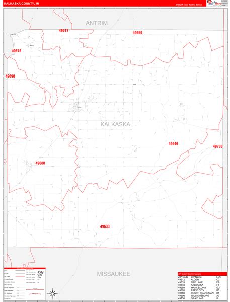 Kalkaska County, MI Zip Code Wall Map Red Line Style by MarketMAPS