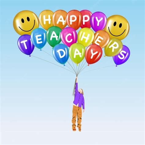 Premium Vector | Happy teachers day boy flying with balloons