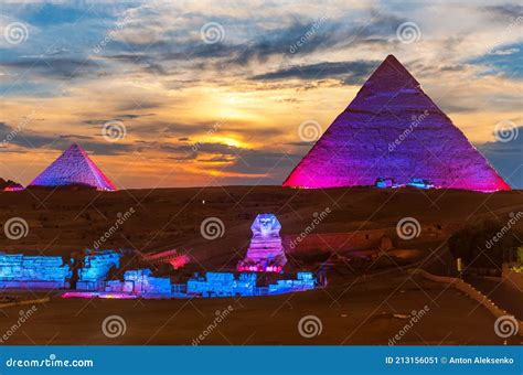 The Great Pyramids of Egypt and the Sphinx, Enlighted at Night, Giza ...