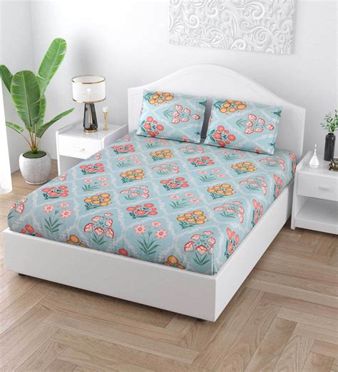 Buy Blue Floral 140 TC Cotton King Sized Bed Sheets with 2 Pillow ...