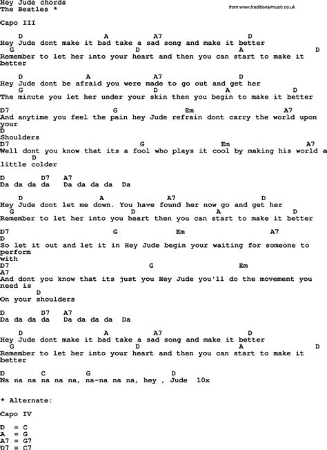 Song lyrics with guitar chords for Hey Jude - The Beatles