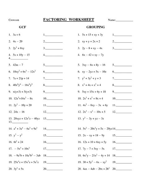 Algebra 1 Gcf Worksheet Answers