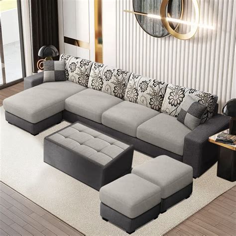 FURNY Berlando Fabric 8 Seater LHS L Shape Sofa Set with 1 Centre Table ...