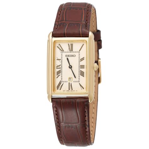 Seiko Men's SXB850 Gold Tone Rectangular Dial Brown Leather Strap Watch ...