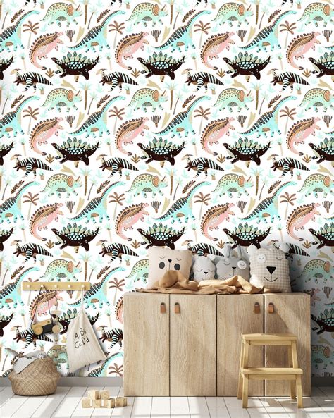 Pastel Wallpaper With Colorful Dinosaur Pattern, Wallpaper for Kids ...