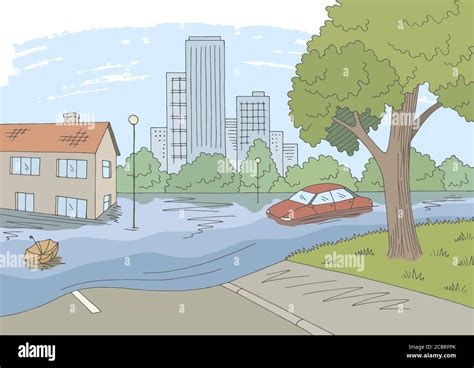 Flood graphic color landscape city sketch illustration vector Stock ...