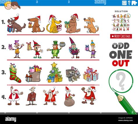 odd one out picture game with Christmas characters and objects Stock ...