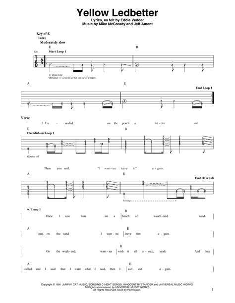 Yellow Ledbetter by Pearl Jam - Guitar Lead Sheet - Guitar Instructor