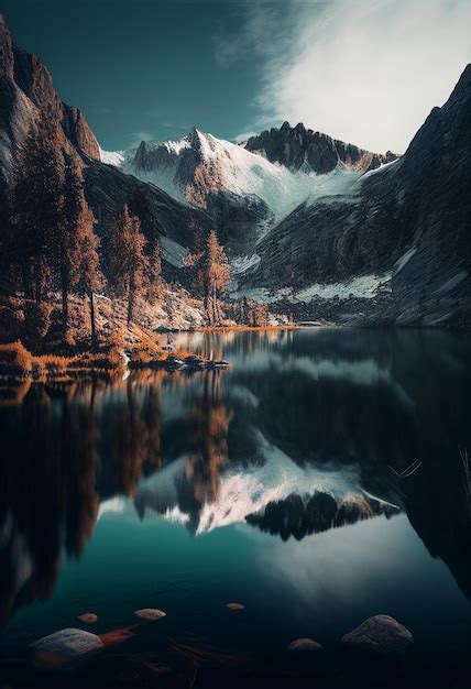 Montaña volcánica en la luz del atardecer reflejada en las tranquilas ...