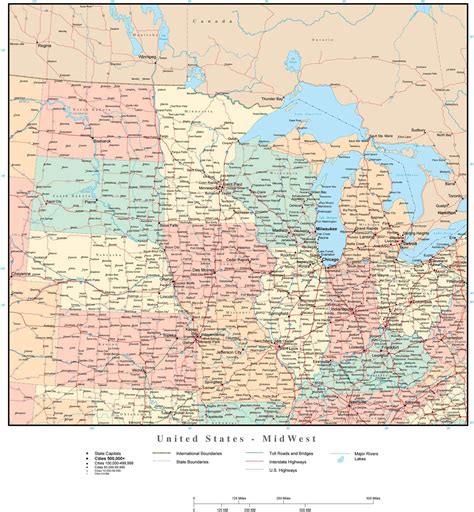 USA Midwest Region Map with States, Highways and Cities – Map Resources