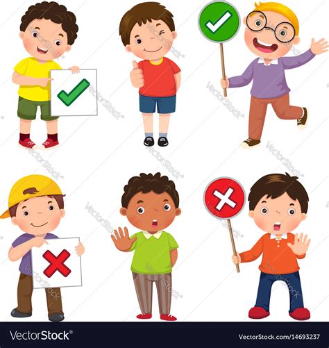 Set of boys holding and doing right and wrong Vector Image