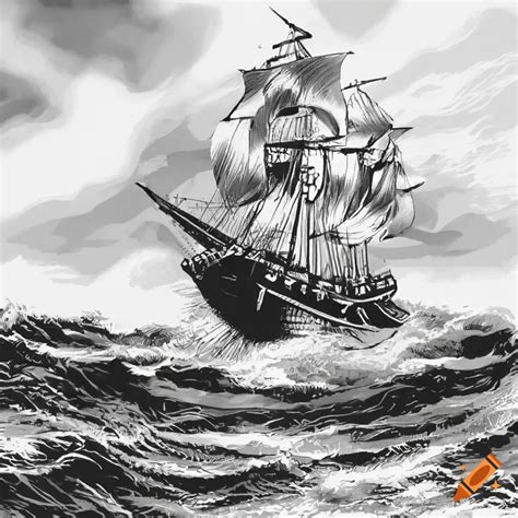 Realistic pencil sketch of a pirate ship at sea on Craiyon