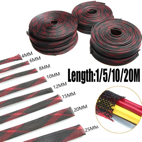 20M Cable Sleeve 2/4/6/8/10/12/15/20/25mm Black+Red High Density ...