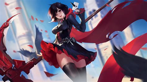 short hair, RWBY, thigh-highs, black hair, Ruby Rose (RWBY), birds ...