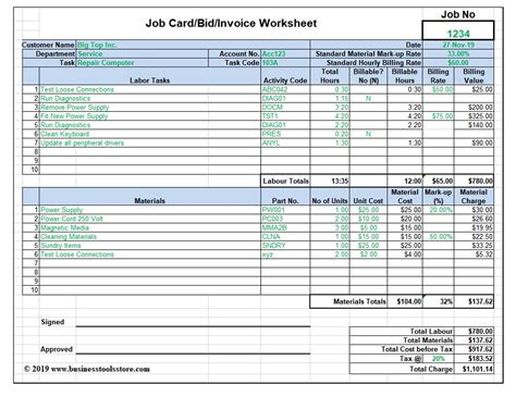 Workshop Job Card, Labor & Material Cost Estimator, Quotation Excel ...