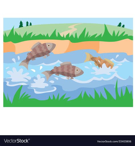 Fish splashing in a pond surrounded green Vector Image