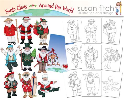 Santa Claus Around the World Digital Clip Art Coloring Pages - Etsy