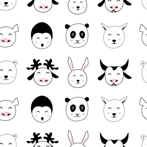 Doodle cute animal face seamless pattern template. Cheerful outline ...