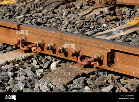 Close up detail of a railway track joint Stock Photo - Alamy