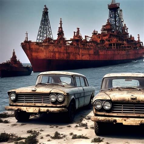 Old Soviet cars from the 1960s sinking in an abandon...