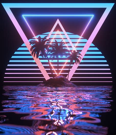 a palm tree sitting in the middle of a body of water with neon lights ...