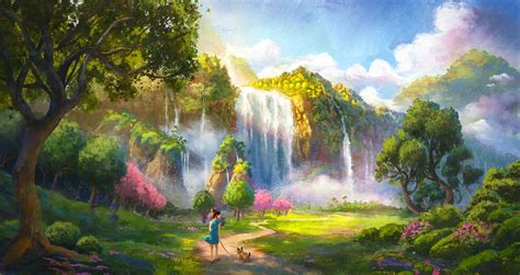 4K, environment, drawing, clouds, women, green, waterfall, illustration ...