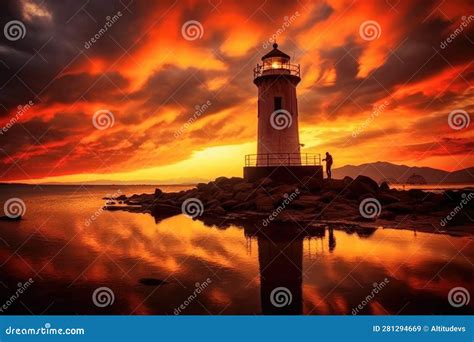 Lighthouse Silhouette Against a Dramatic Sunset Sky Stock Illustration ...