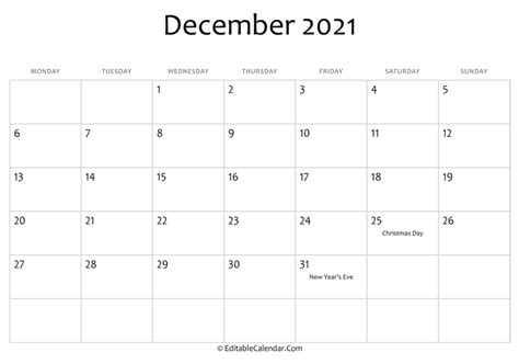 December 2021 Printable Calendar with Holidays