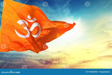 Orange Flag Om Sign, Om Flag Flying Om Background Hind Stock ...