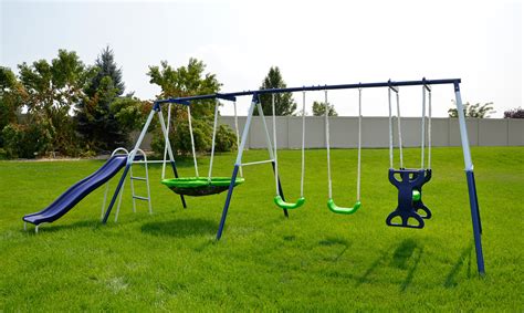 Sportspower Outdoor Rosemead Metal Swing Set with Roman Glider, Saucer ...